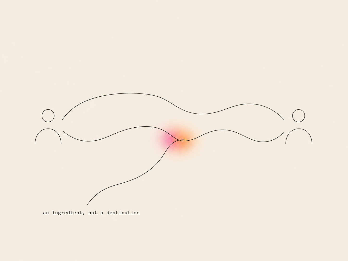 Two figures connected by a live conversational thread with a third strand braiding into the middle.