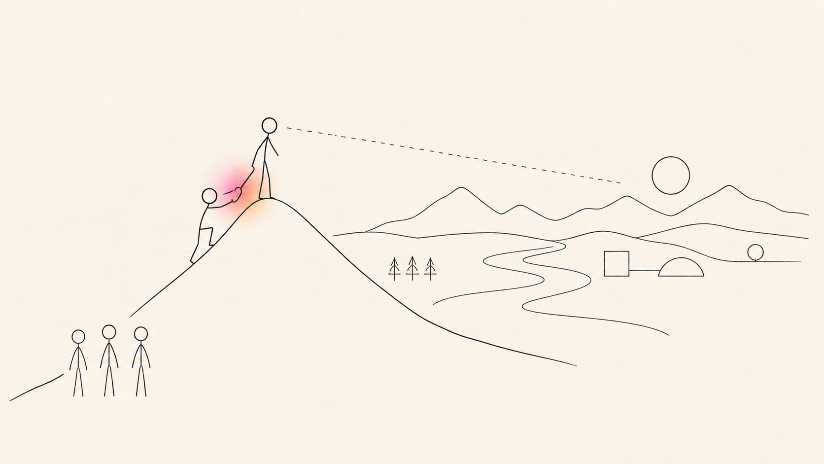 A figure on a hill choosing to help someone climb instead of describing the whole landscape beyond it.
