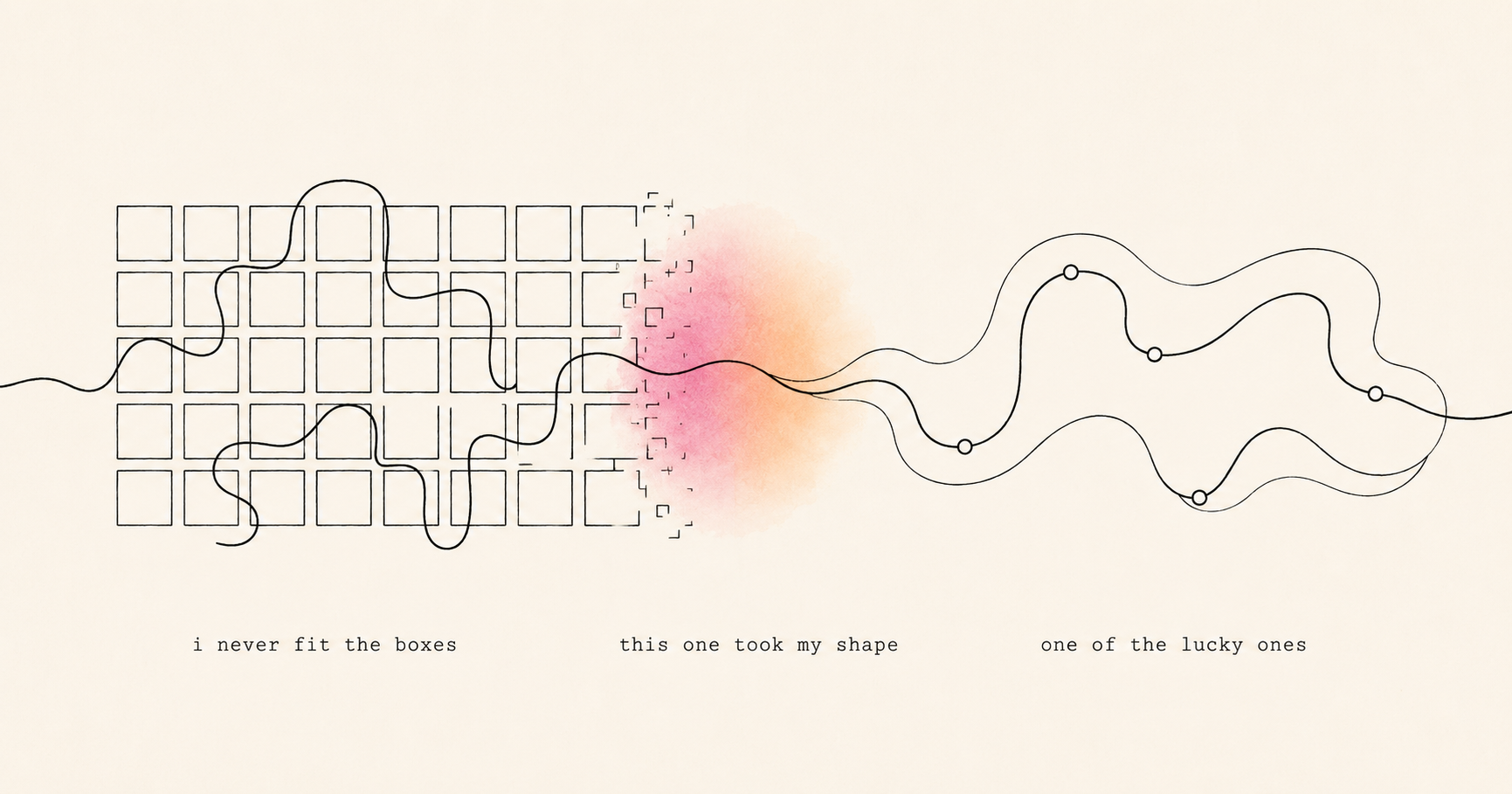 A looping ink line that never fit a grid of boxes passes a warm threshold and flows free in its own shape.